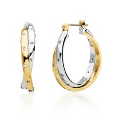 Twist Hoop Earrings with Studded Cubic Zirconia in Dual Tone