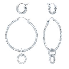 Stone Interlinked Hoop Earrings Set w Swarovski Crystals Rhodium Plated