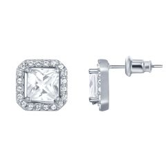 Elegance Square Halo Earrings w Cubic Zirconia Rhodium Plated