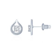 Lotus Dewdrop Stud Earrings w CZ Rhodium Plated