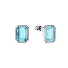 Octagon Mix Carrier Stud Earrings Aquamarine Crystals Rhodium Plated