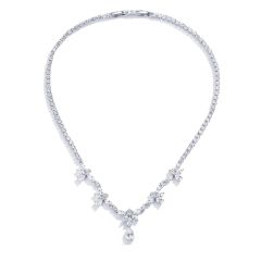 Adele Floral Statement Necklace with Cubic Zirconia Rhodium Plated