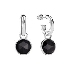 Round Rose Cut Black Onyx Drop Earrings Rhodium Plated