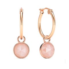 Round Rose Cut Rose Quartz 18mm Hoop Drop Earrings Rose Gold Plated