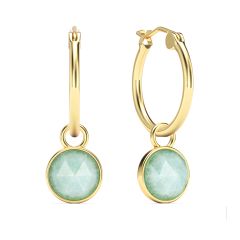 Round Rose Cut Green Aventurine 18mm Hoop Drop Earrings Gold Plated