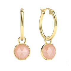 Round Rose Cut Rose Quartz 18mm Hoop Drop Earrings Gold Plated