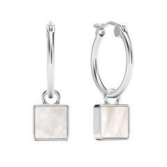 Square Mother of Pearl 18mm Hoop Drop Earrings Rhodium Plated